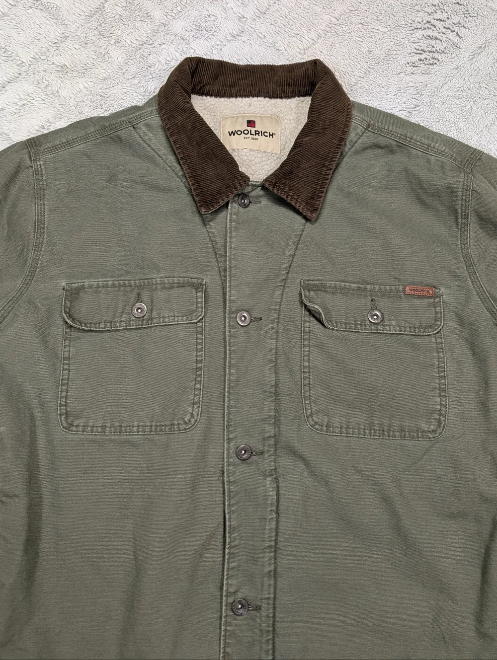 Woolrich Jacket Mens XXL Green Barn Chore Coat Canvas Sherpa Lined Rugged Work